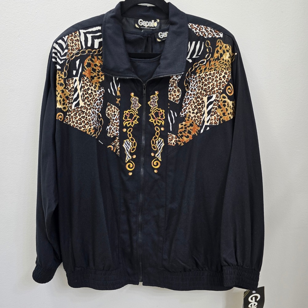 Vintage Gepetto 100% Silk 2pc Jacket‎ Set Animal Print Gold Embroidery XL NWT